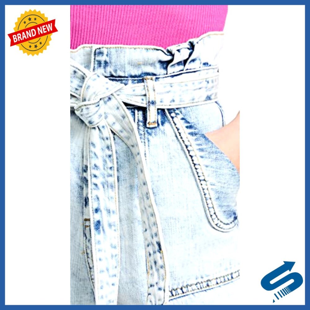 Denim Paper Bag Shorts with Self Belt, Pleated Cuffed Style - Picture 6 of 6